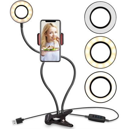 Selfie Ring Light con luz LED, control de brillo + brazos flexibles