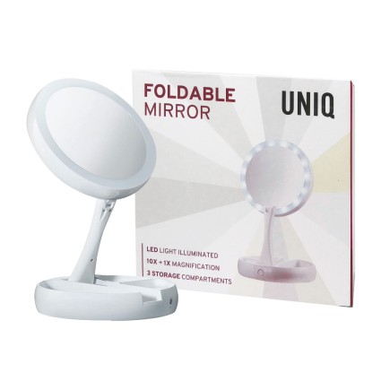 Espejo de maquillaje plegable con LED brillante y aumento de 10x
