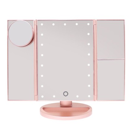 Uniq Espejo de maquillaje con tres pliegues Hollywood con luz LED - Oro rosa