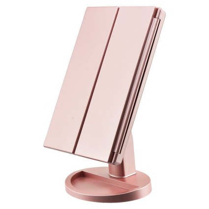 Uniq Espejo de maquillaje con tres pliegues Hollywood con luz LED - Oro rosa