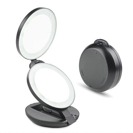 Espejo de viaje compacto de doble cara con LED y aumento de 10x - Negro