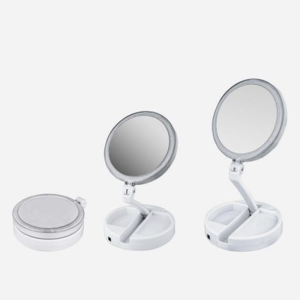Espejo de maquillaje plegable con LED brillante y aumento de 10x